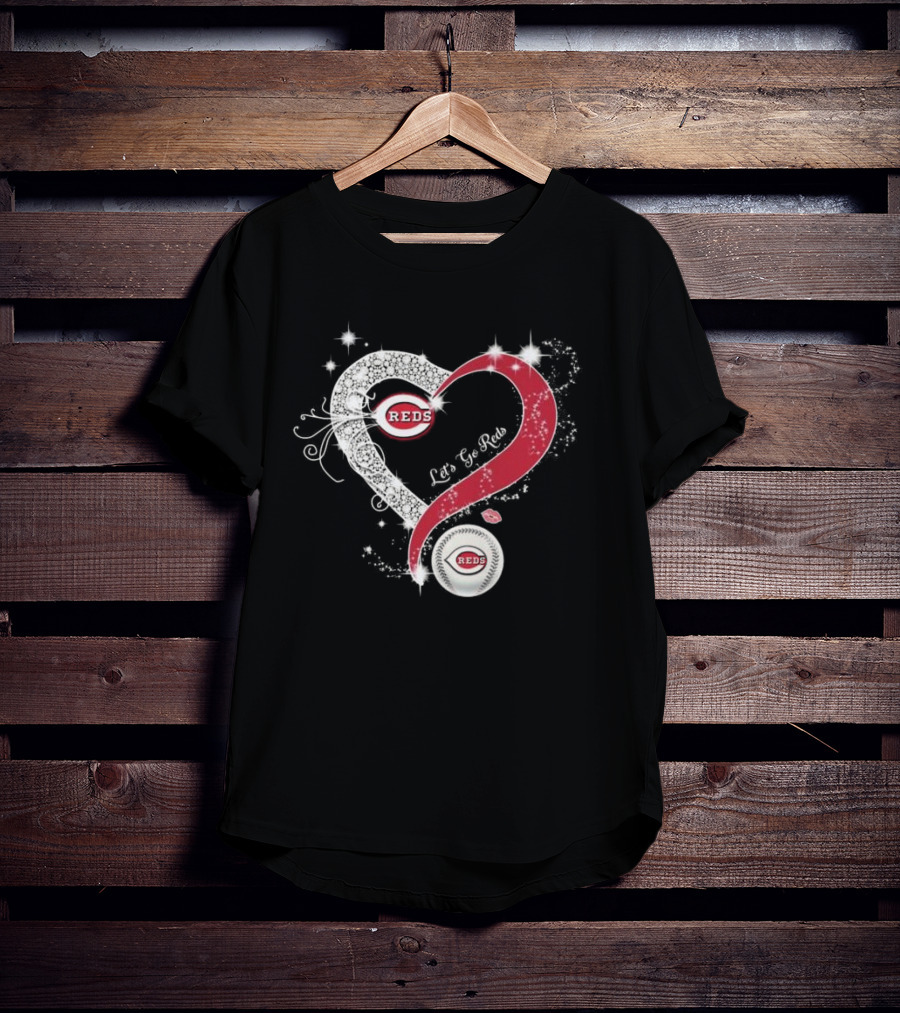 Cincinnati Reds Heart Emblem Let's Go Reds Sparkling T-Shirt