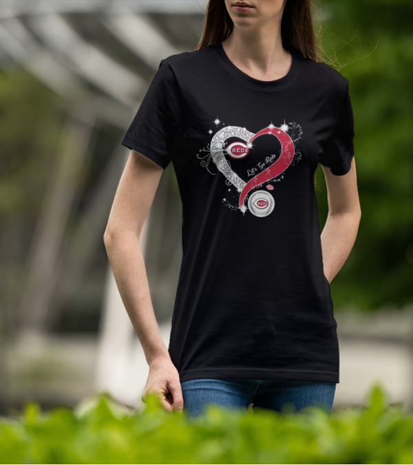 Cincinnati Reds Heart Emblem Let's Go Reds Sparkling T-Shirt