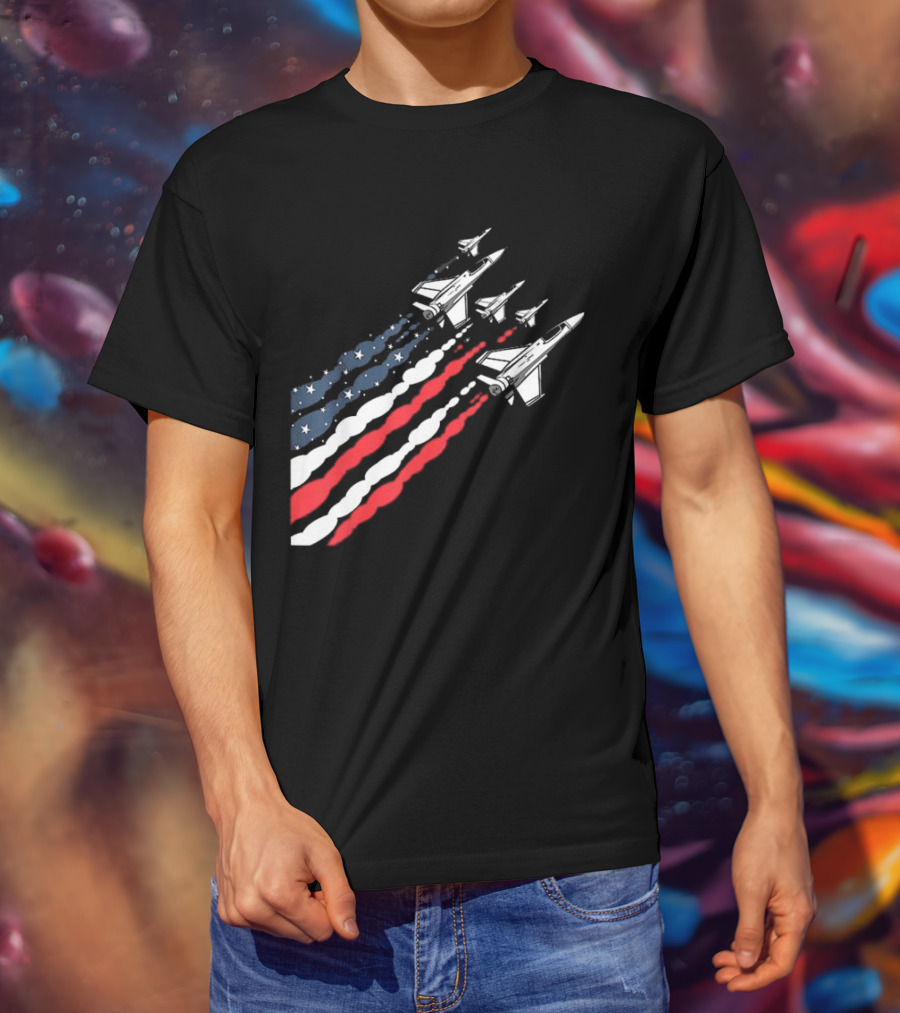 Vintage Patriotic Fighter Jet Airplane With American Flag Trail T-Shirt