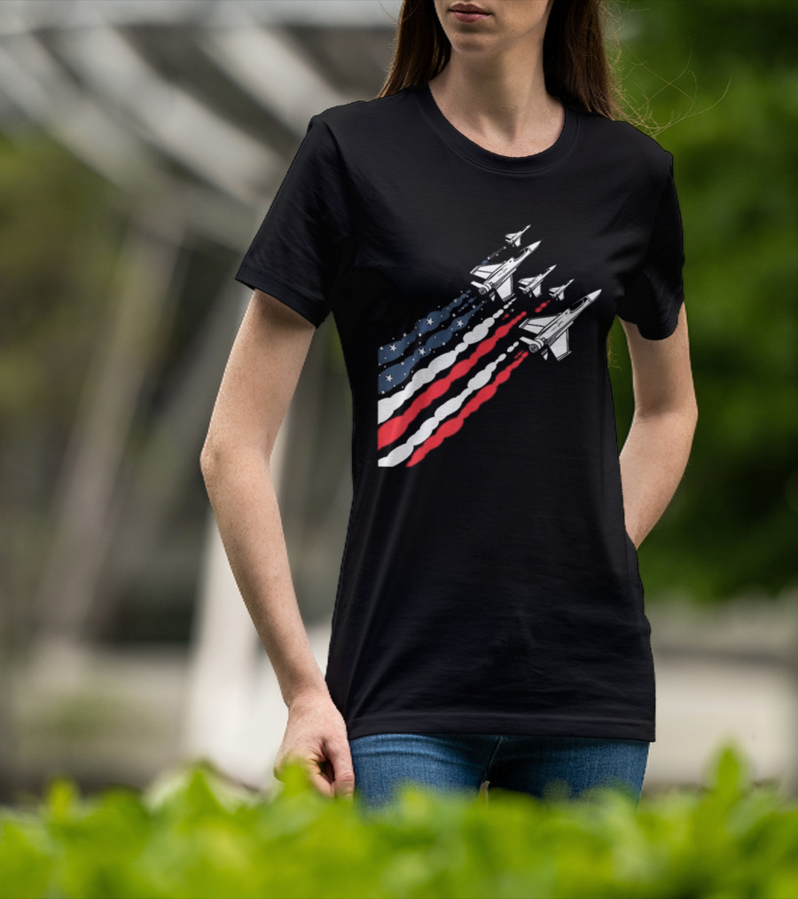 Vintage Patriotic Fighter Jet Airplane With American Flag Trail T-Shirt