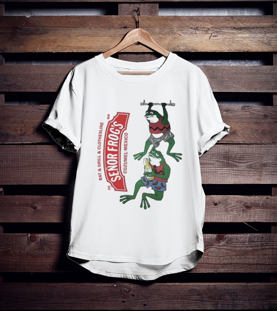 Senor Frog's Cozumel Mexico Bar And Grill Clothesline With Frogs In Striped Shirts And Shorts With Beer And Weights T-Shirt