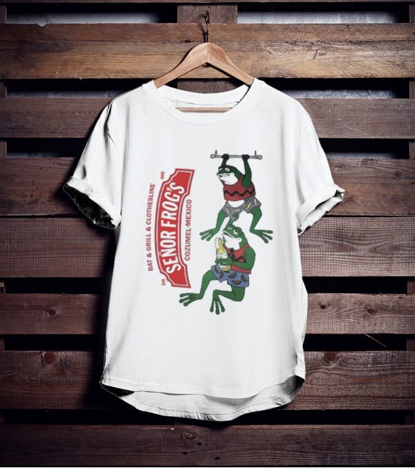 Senor Frog's Cozumel Mexico Bar And Grill Clothesline With Frogs In Striped Shirts And Shorts With Beer And Weights T-Shirt
