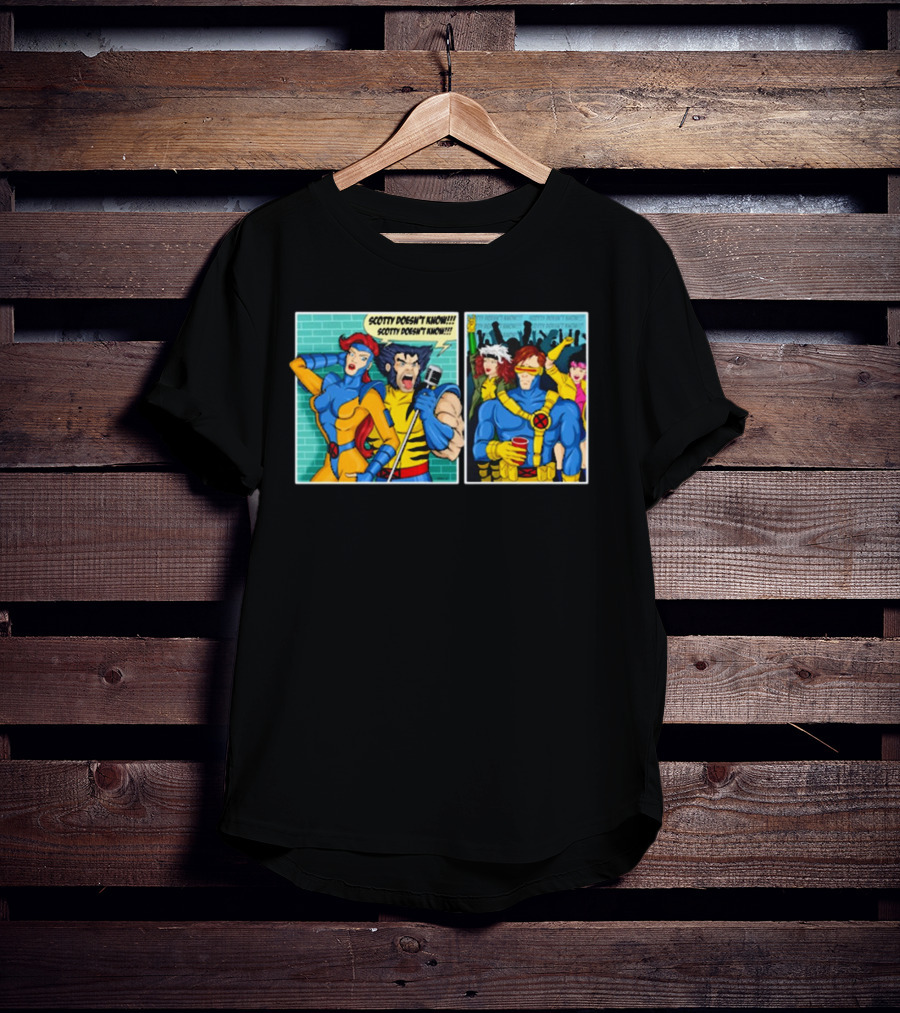 Jean Grey And Wolverine Comic Scotty Doesn’t Know Retro Cyclops Party Scene T-Shirt