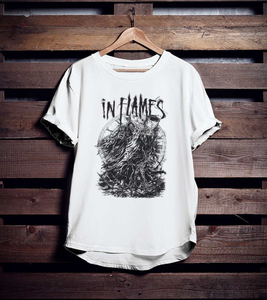 In Flames Cloaked Ghoul Dark Shrouded Figure With Clock Background T-Shirt
