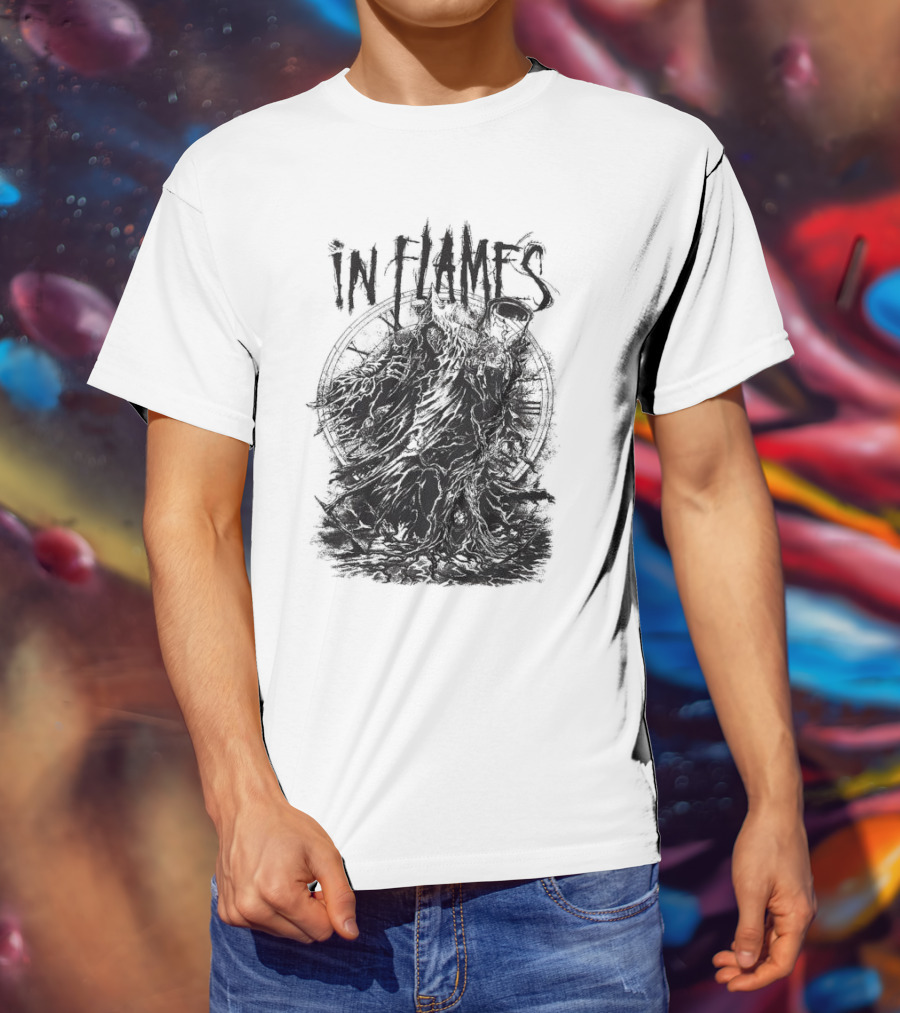 In Flames Cloaked Ghoul Dark Shrouded Figure With Clock Background T-Shirt