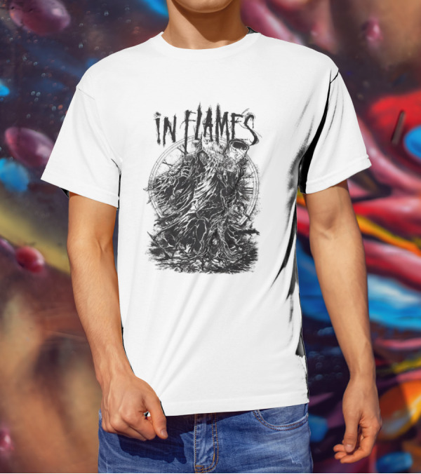 In Flames Cloaked Ghoul Dark Shrouded Figure With Clock Background T-Shirt