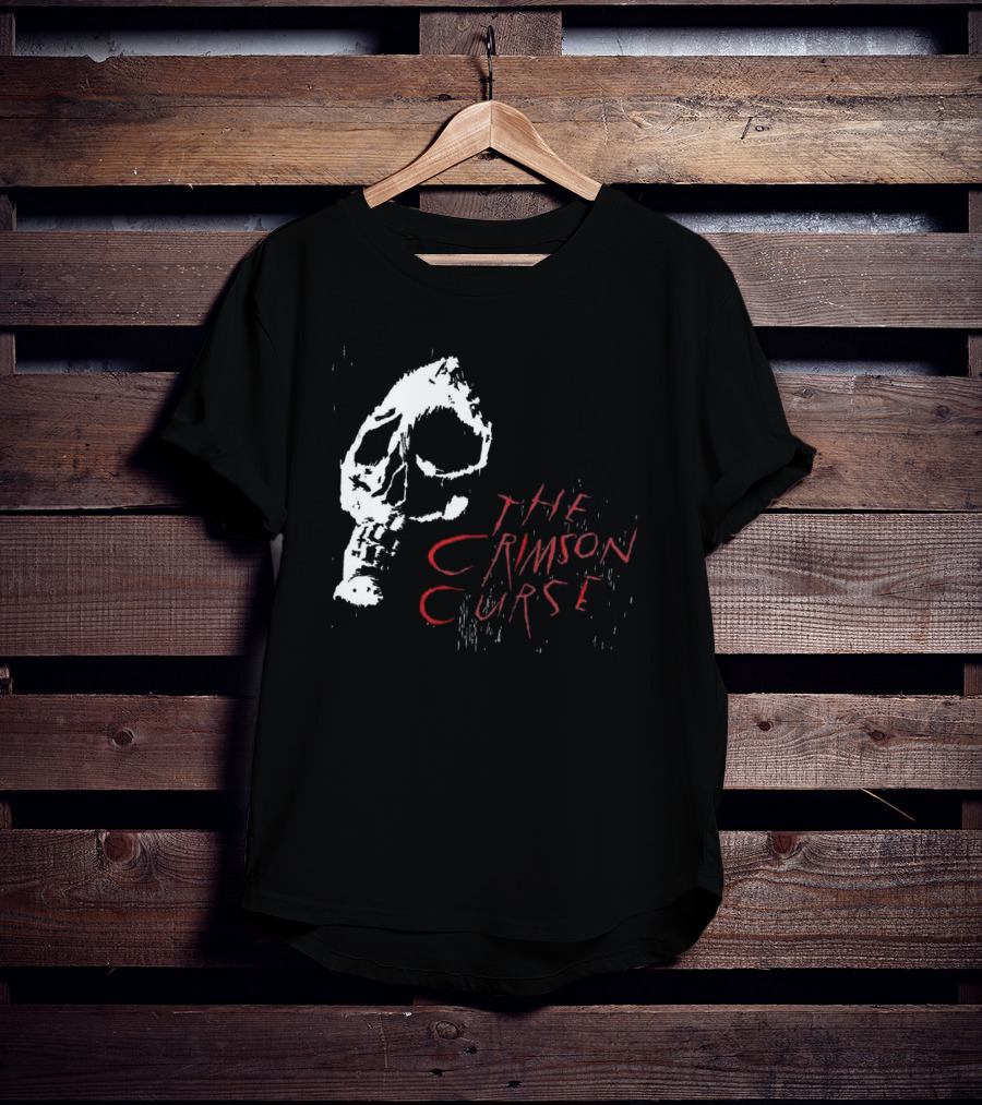 The Crimson Curse Skull White And Red Text With Skull T-Shirt