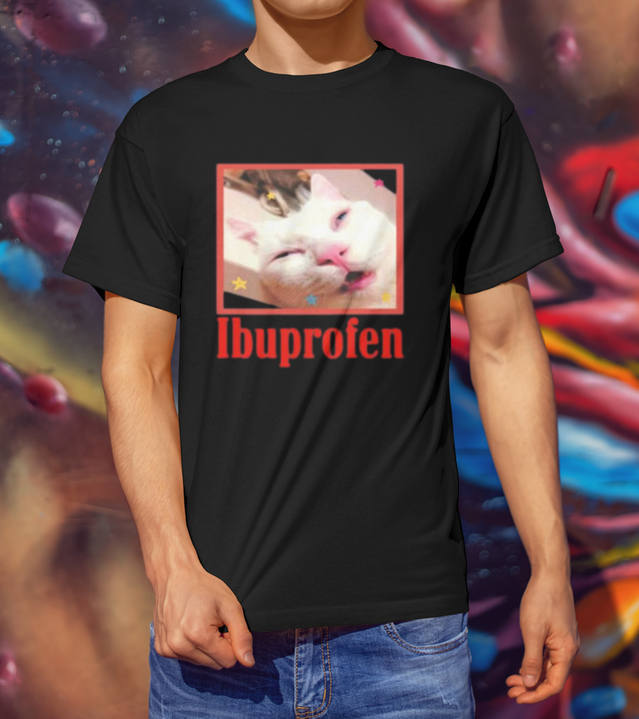 Ibuprofen Meme Cat With Distorted Face And Stars T-Shirt