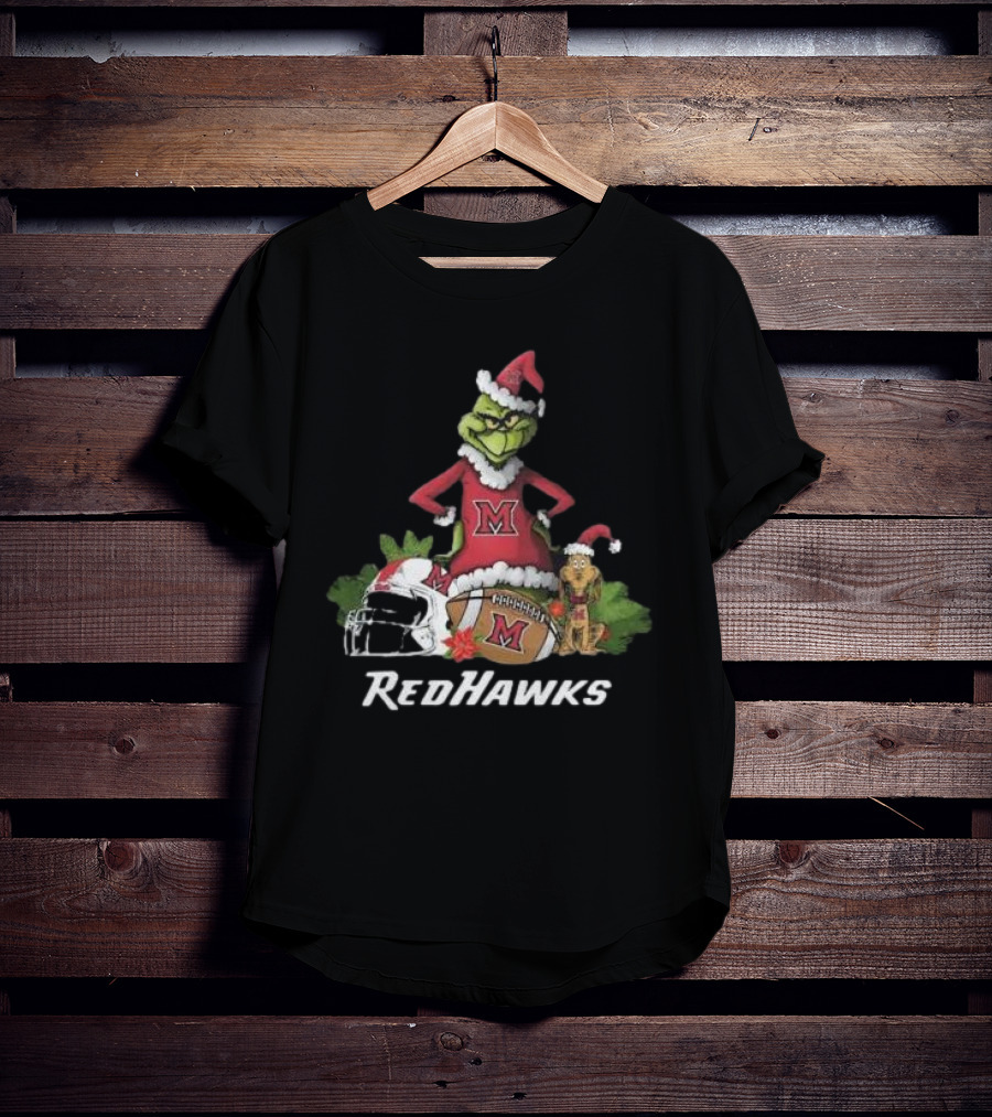 Grinch Santa And Dog With Miami RedHawks Rugby Helmet Merry Christmas T-Shirt