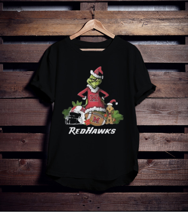 Grinch Santa And Dog With Miami RedHawks Rugby Helmet Merry Christmas T-Shirt