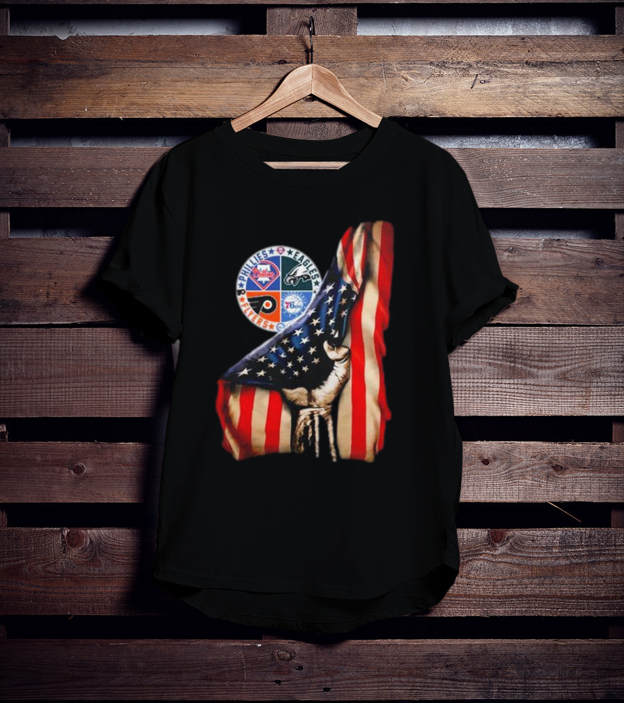 Philadelphia Phillies Eagles Flyers 76ers Hand Pulling American Flag T-Shirt