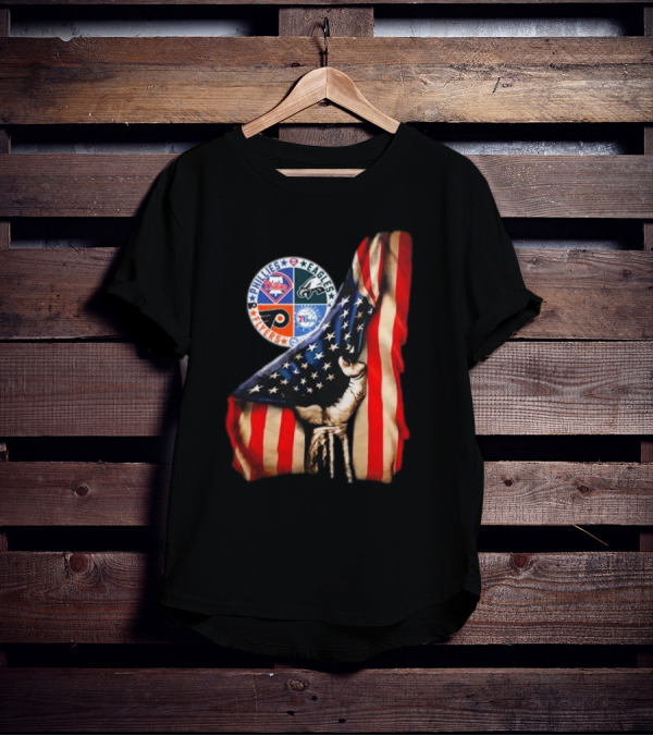Philadelphia Phillies Eagles Flyers 76ers Hand Pulling American Flag T-Shirt