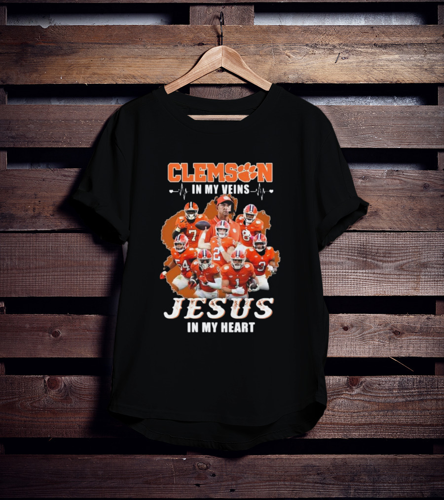 Clemson In My Veins Jesus In My Heart Football Team Collage T-Shirt