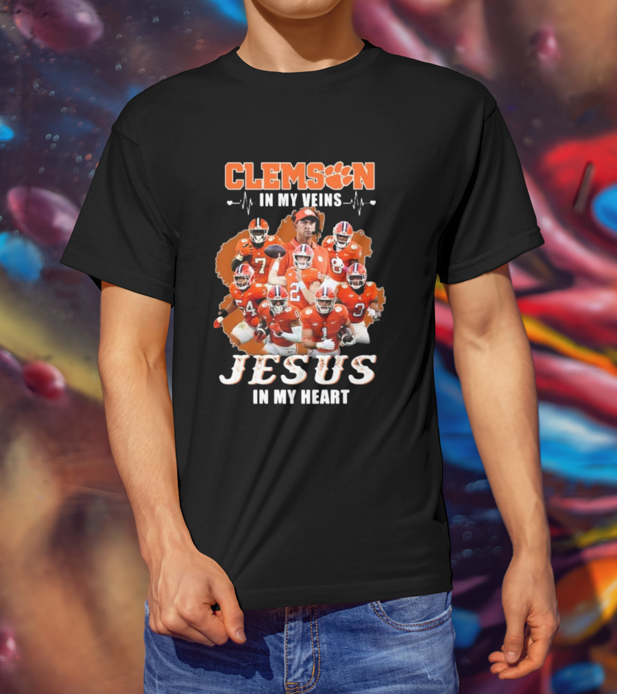 Clemson In My Veins Jesus In My Heart Football Team Collage T-Shirt