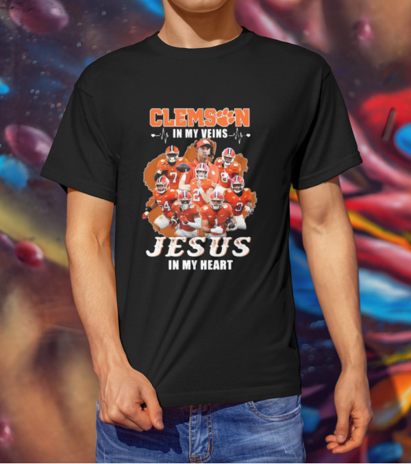 Clemson In My Veins Jesus In My Heart Football Team Collage T-Shirt