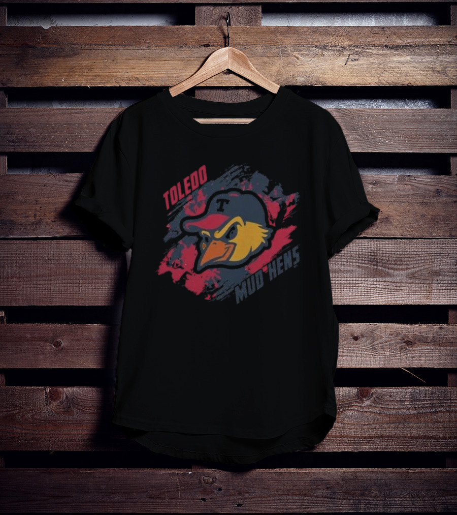 Toledo Mud Hens Baseball Team Logo With Bold Red And Blue Brushstroke Background T-Shirt
