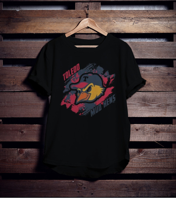 Toledo Mud Hens Baseball Team Logo With Bold Red And Blue Brushstroke Background T-Shirt