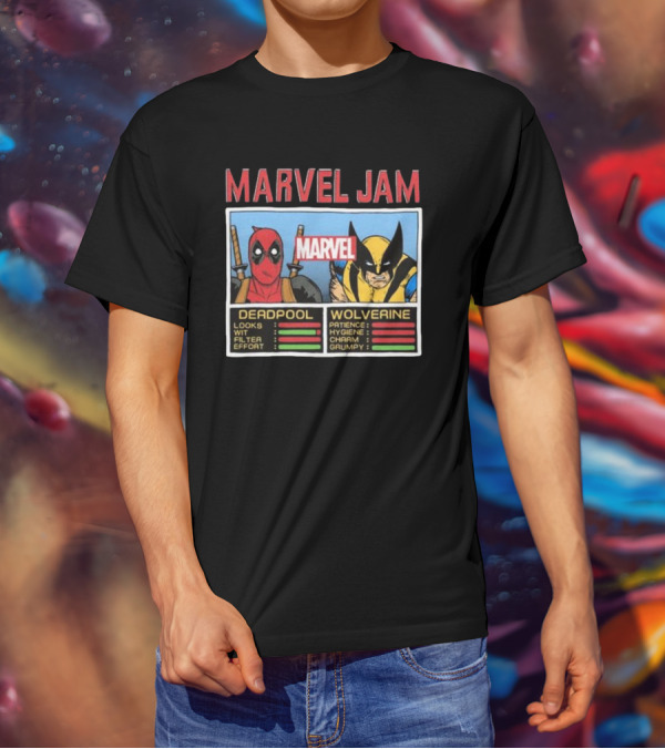 Deadpool Wolverine Marvel Jam Comic Character Stats T-Shirt
