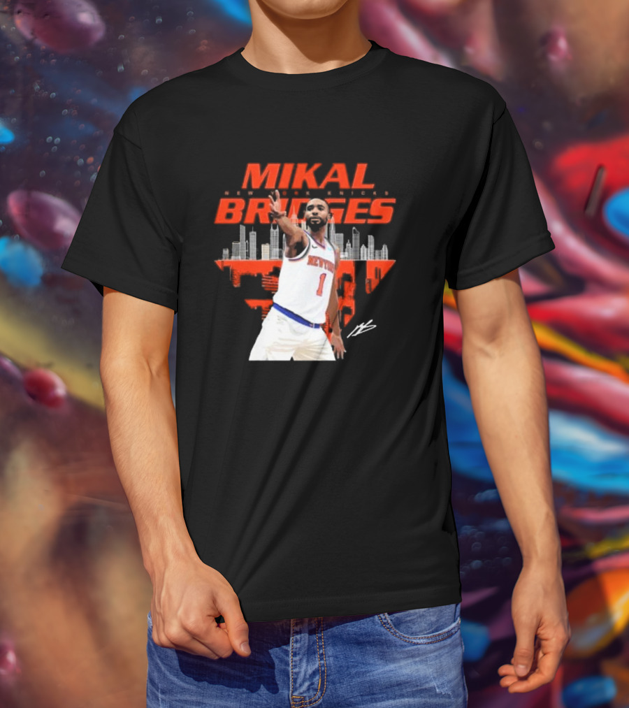 Mikal Bridges New York Knicks Skyline Signature Number 1 T-Shirt