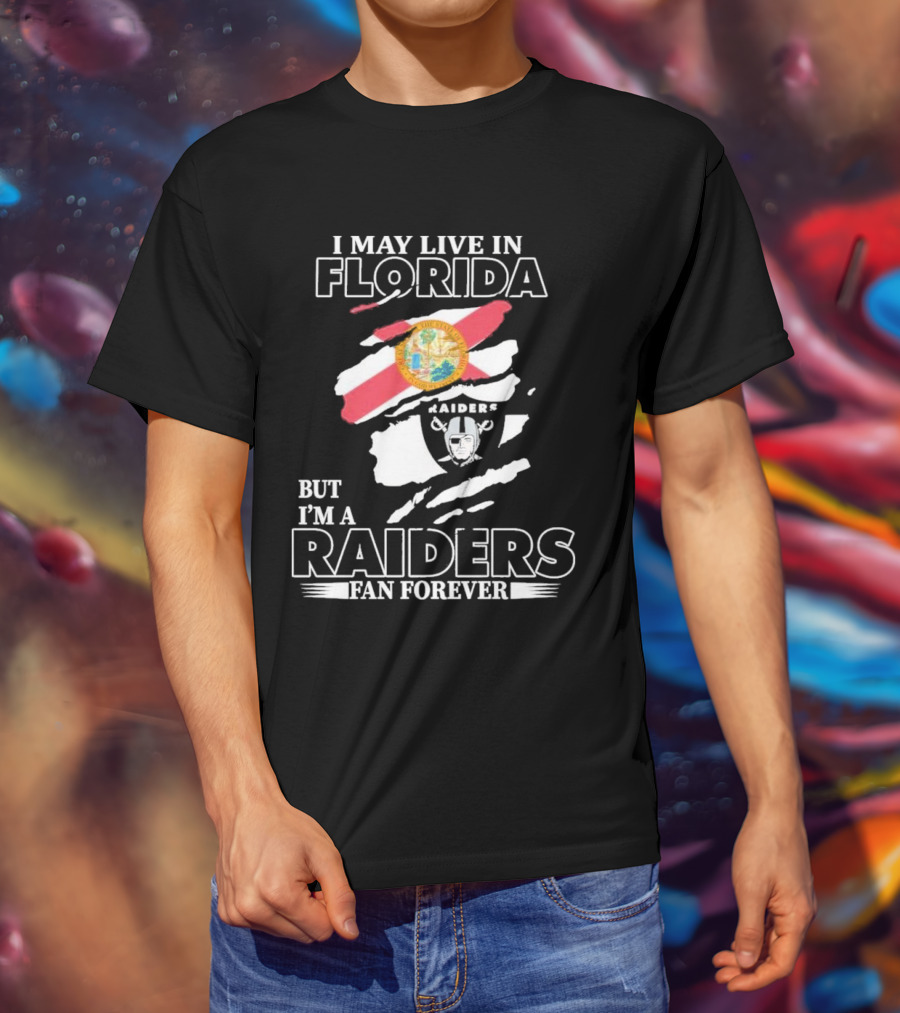 Las Vegas Raiders Fan Forever Living In Florida With Team Logo And State Flag T-Shirt