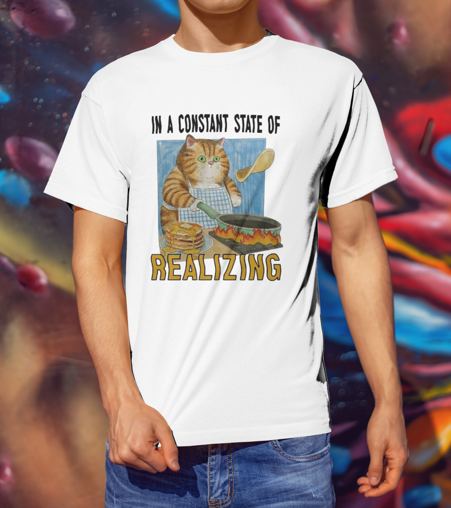 In A Constant State Of Realizing Cat Cooking Pancakes Flame Pan T-Shirt