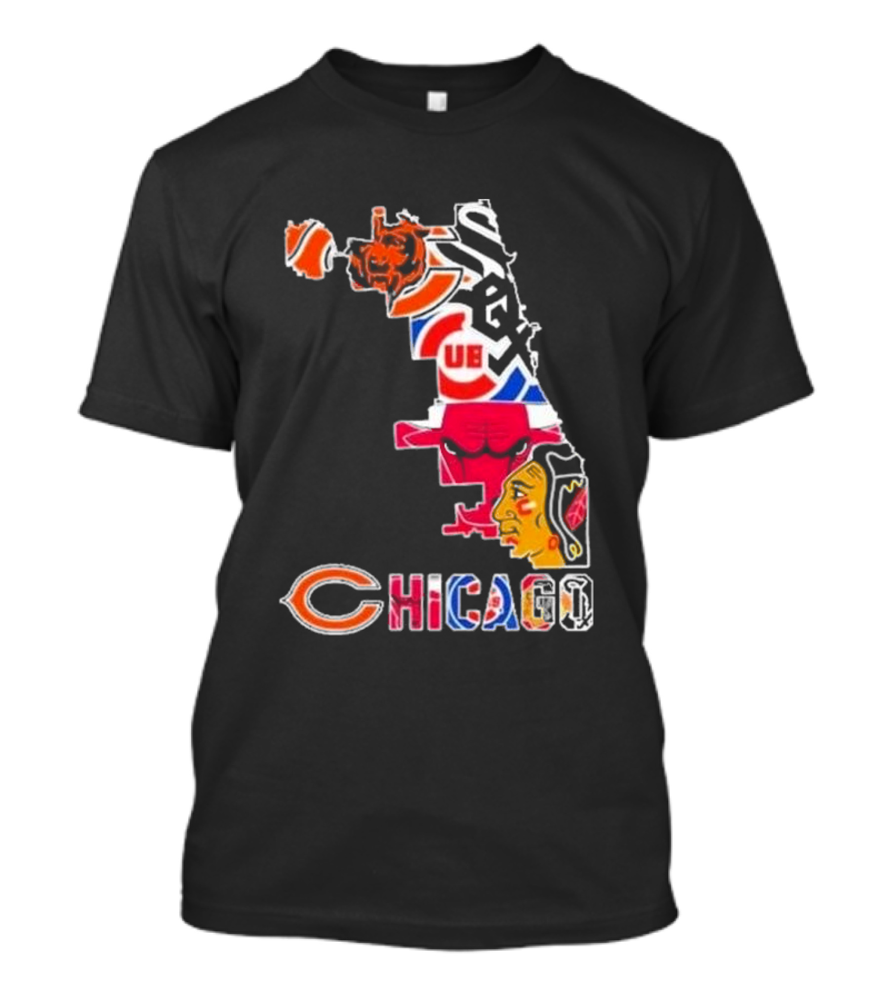 Chicago Bears Bulls Cubs White Sox Blackhawks Map T-Shirt