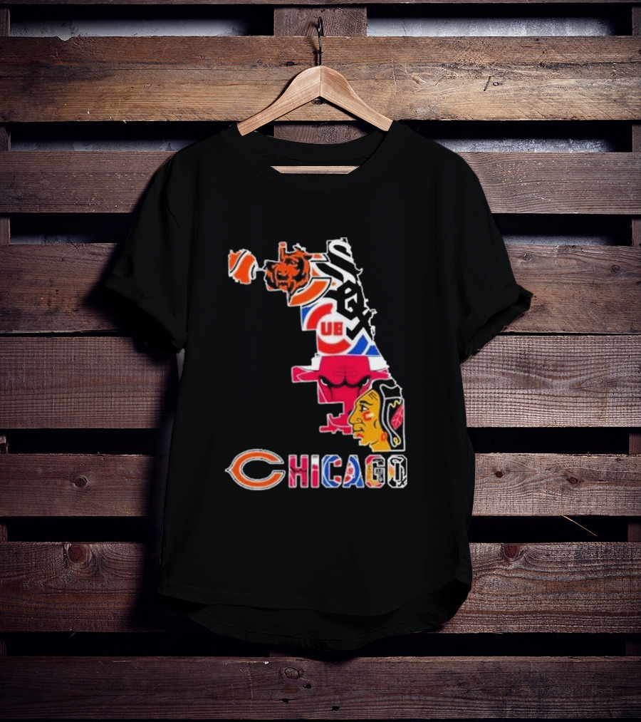 Chicago Bears Bulls Cubs White Sox Blackhawks Map T-Shirt