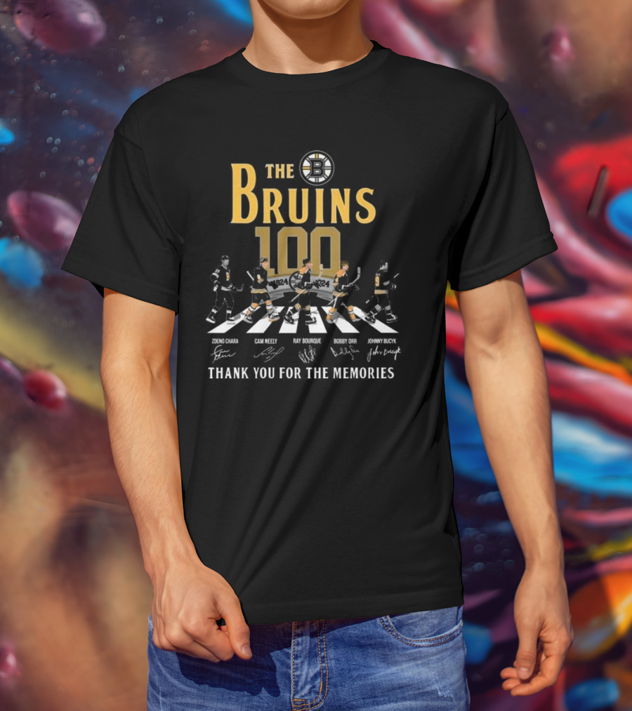 The Bruins 100 1924 Thank You For The Memories Zdeno Chara Cam Neely Ray Bourque Bobby Orr Johnny Bucyk Signatures T-Shirt