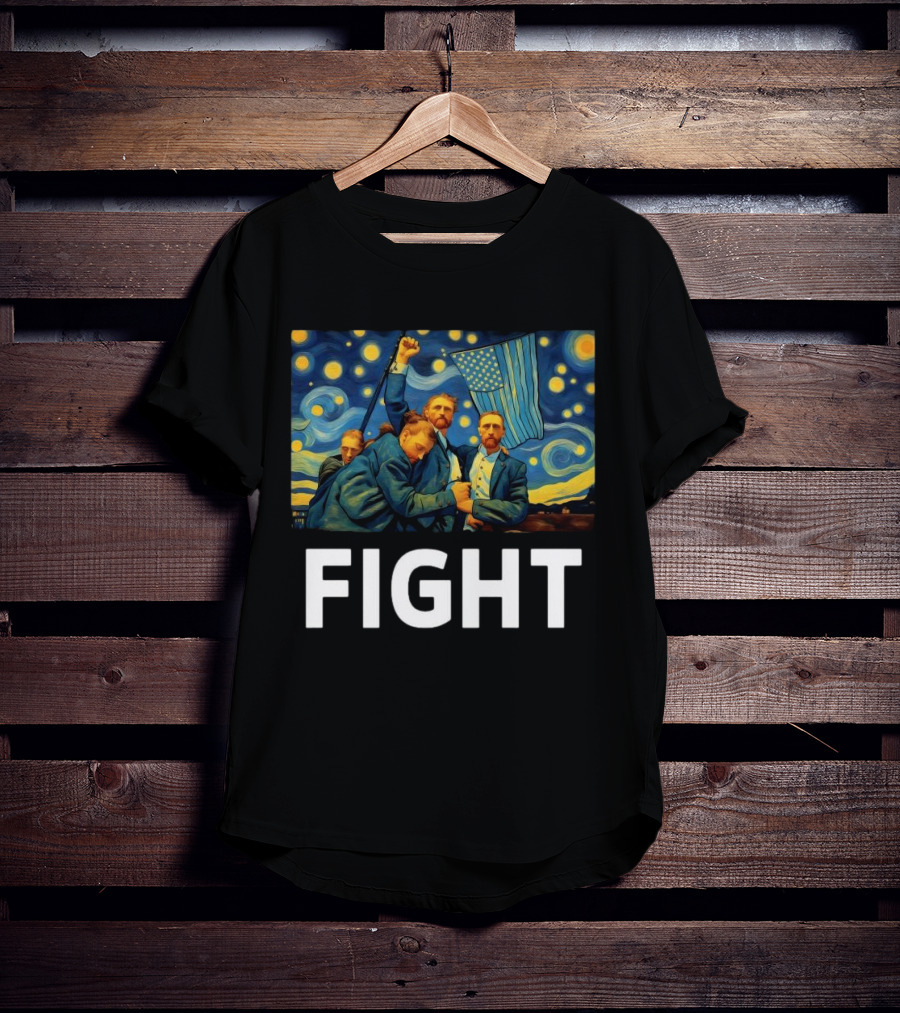 Fight Van Gogh Starry Night American Flag Fist Raised T-Shirt