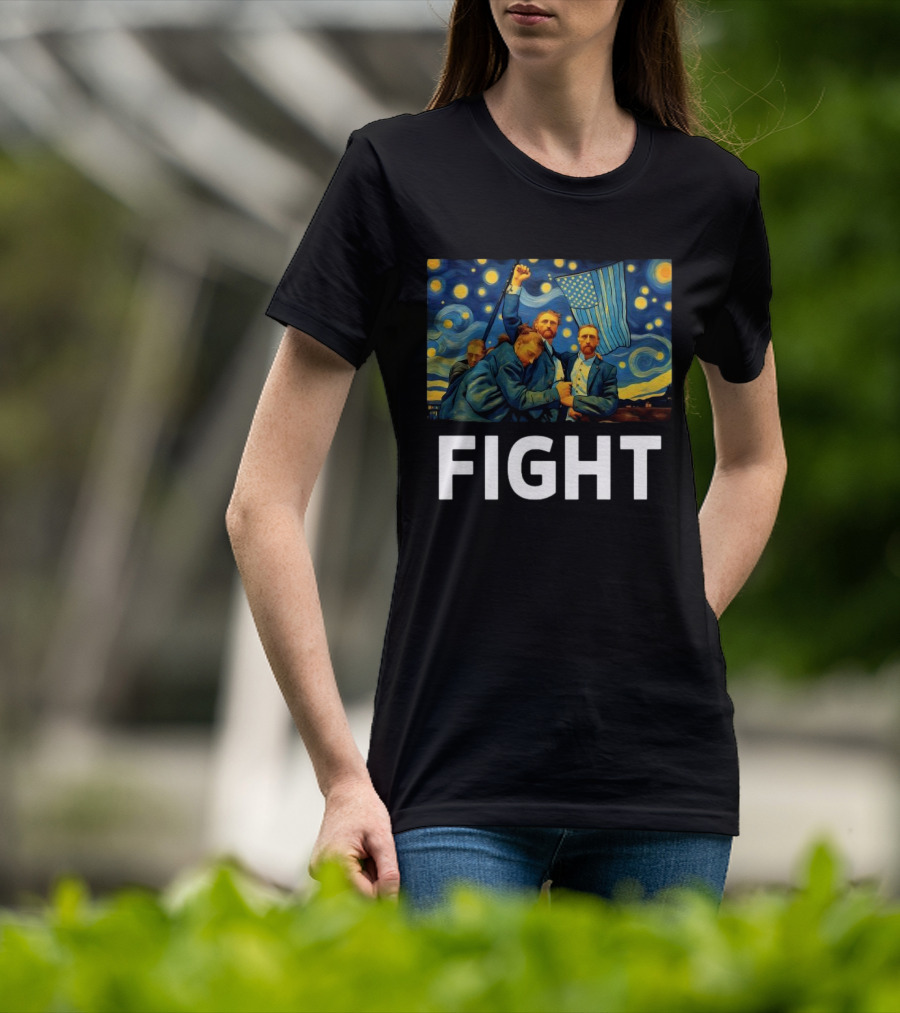 Fight Van Gogh Starry Night American Flag Fist Raised T-Shirt