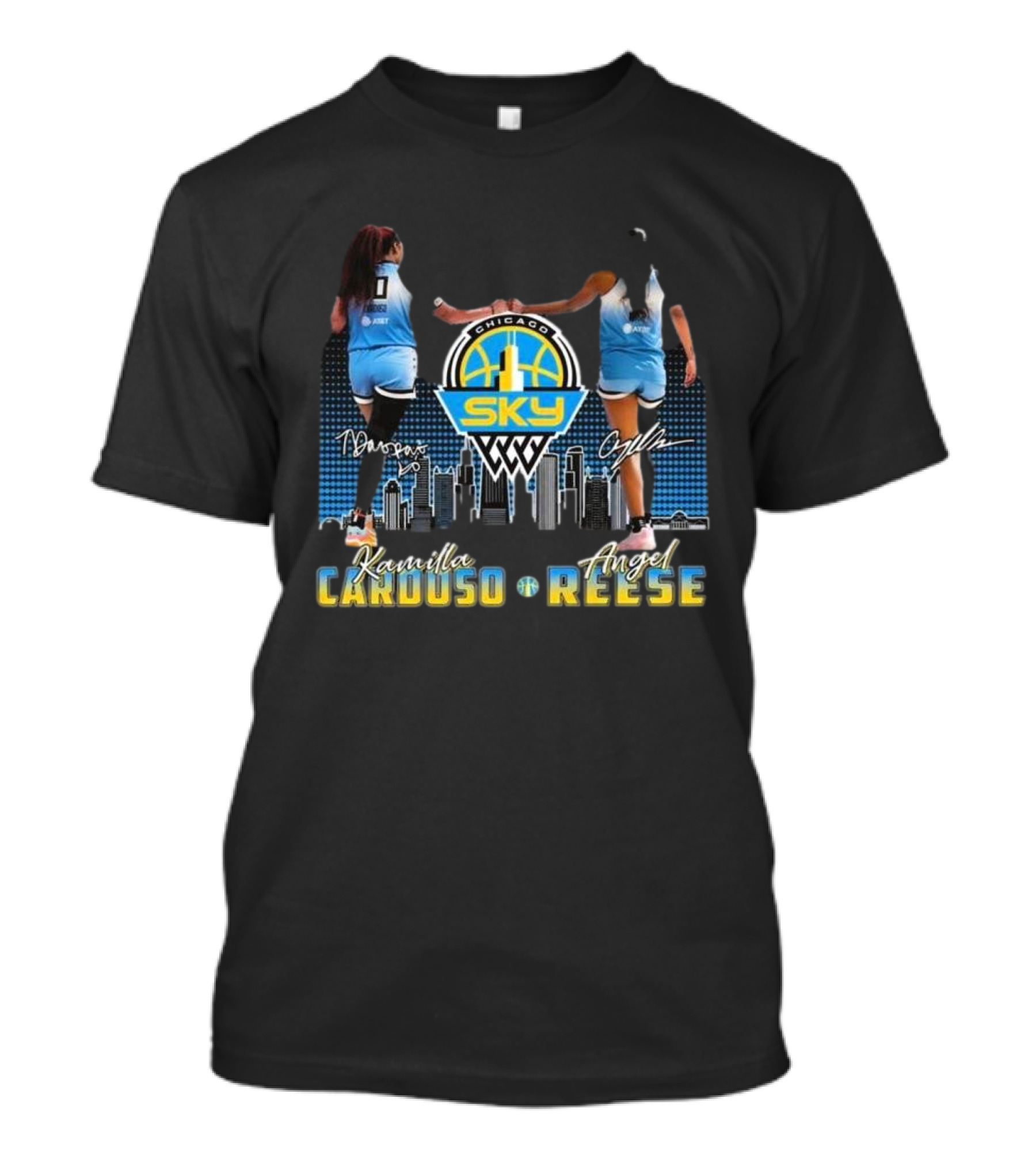 Chicago Sky WNBA Kamilla Cardoso Angel Reese Skyline Signatures T-Shirt