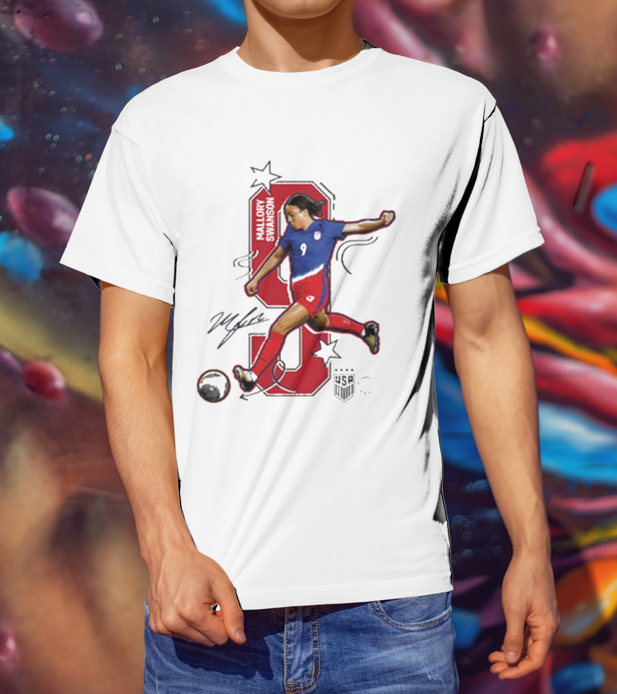 Mallory Swanson Number 9 USWNT Signature Red And Blue Player Action T-Shirt