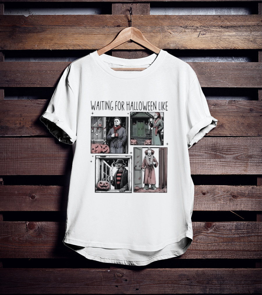 Waiting For Halloween Like Horror Movie Characters With Pumpkins And Costumes T-Shirt
