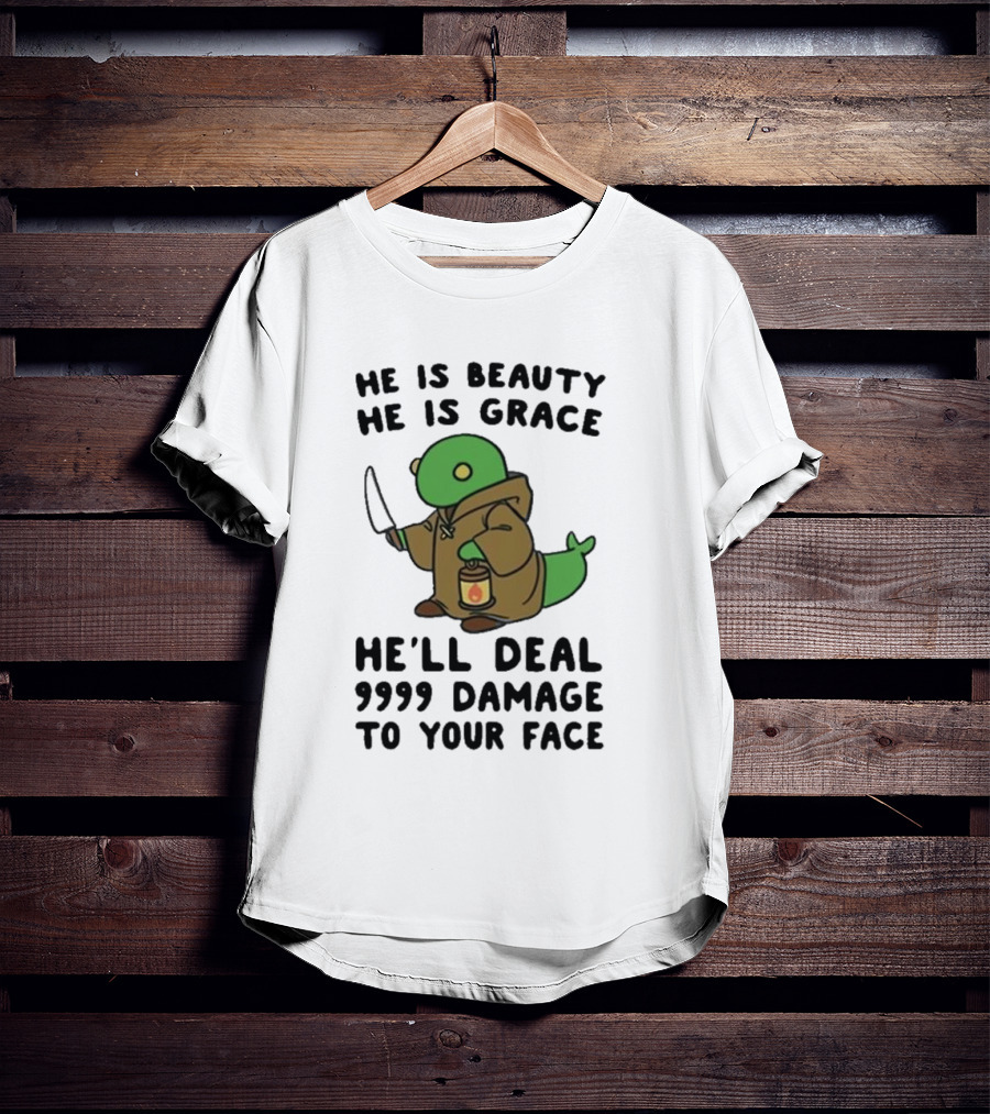 He Is Beauty He Is Grace He’ll Deal 9999 Damage To Your Face Lantern-Wielding Creature In Brown Robe With Knife T-Shirt