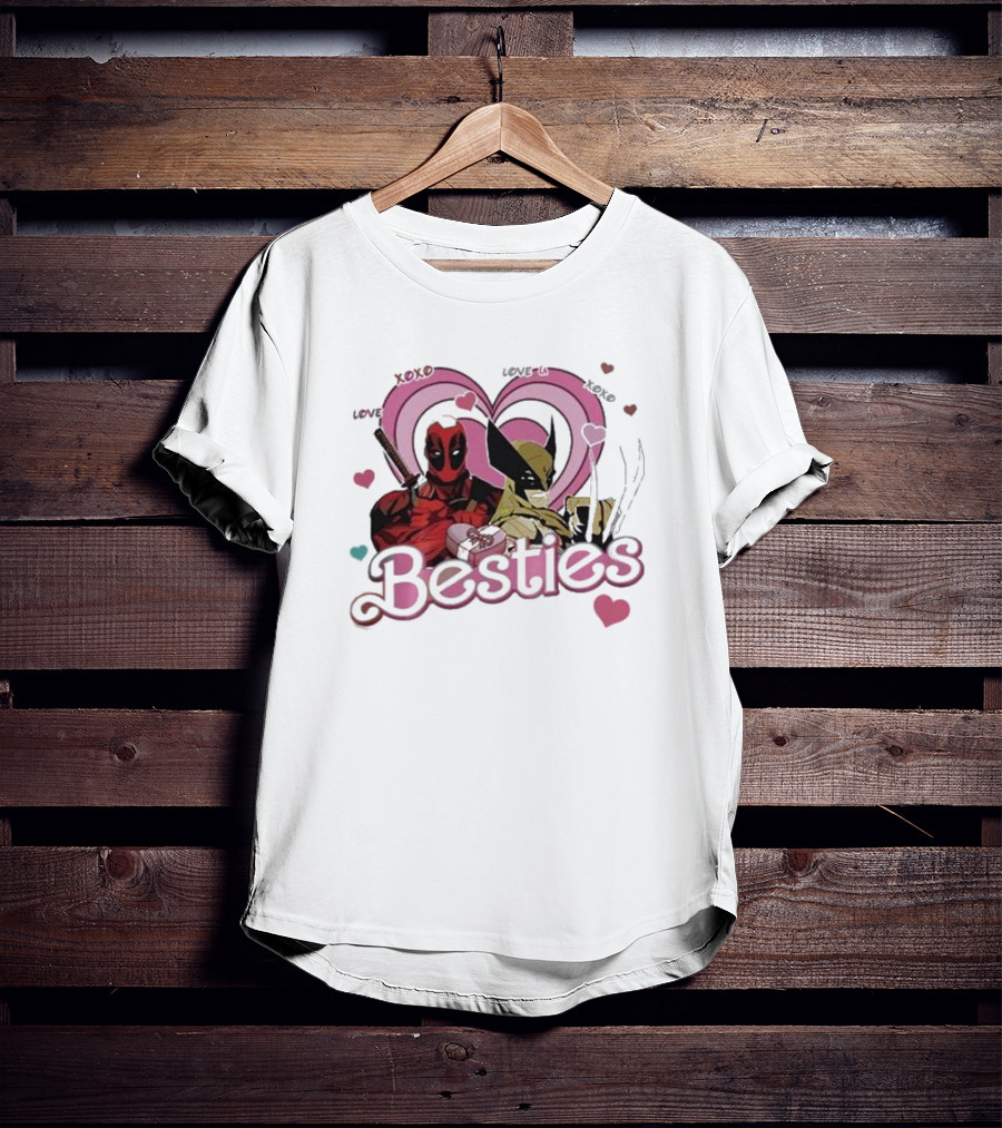 Deadpool Wolverine Love Hearts Besties Cute Friends T-Shirt