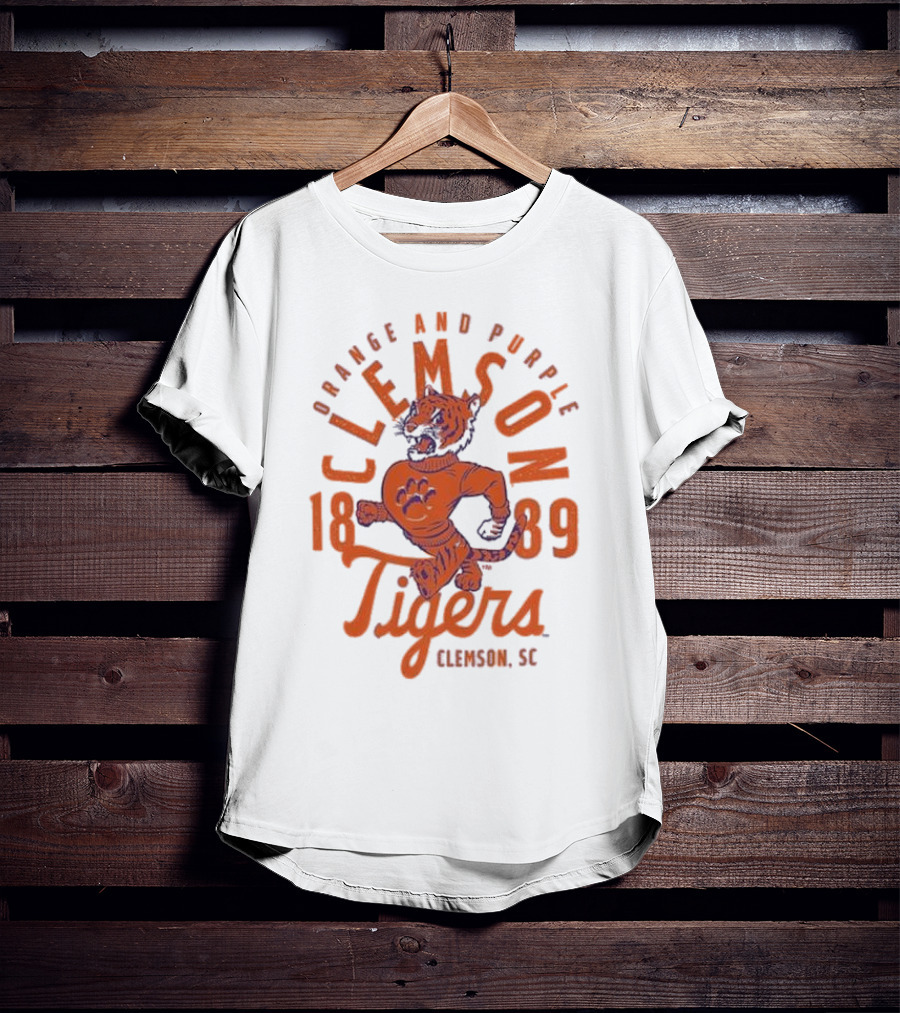 Clemson Tigers Orange And Purple Mascot Overlay 1889 Clemson SC T-Shirt