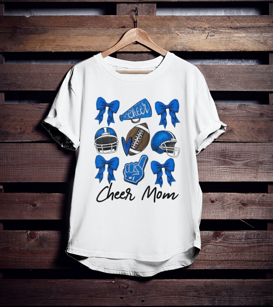 Cheer Mom Era Pom Cheer Leopard Football Coquette Bow Blue T-Shirt