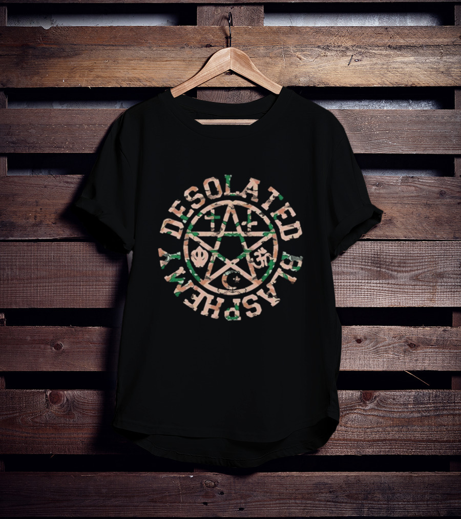 Desolated Blasphemy Pentagram With Religious Symbols T-Shirt