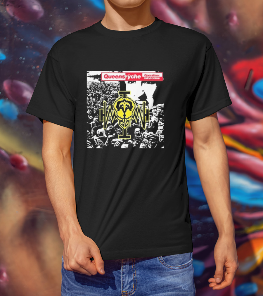 Queensryche Operation: Mindcrime Yellow Skull Symbol Over Crowd T-Shirt