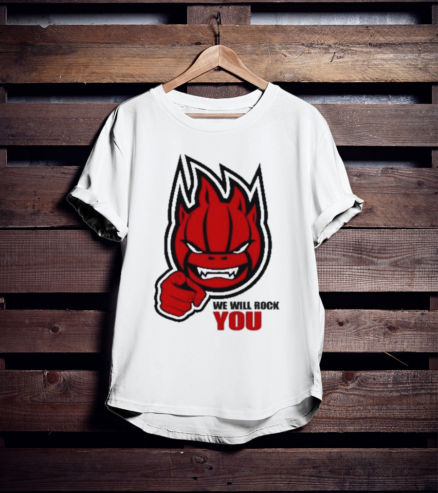 Sir Safety Perugia We Will Rock You Red Flame Character With Pointing Finger T-Shirt