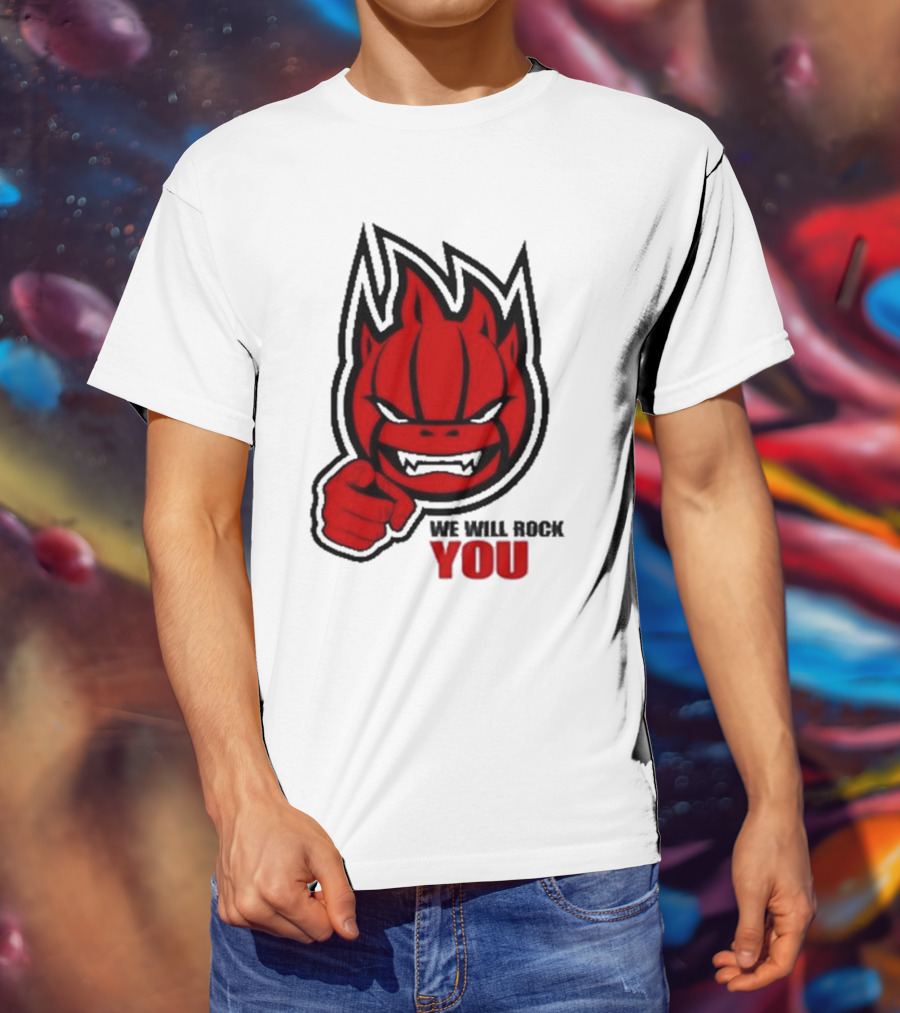 Sir Safety Perugia We Will Rock You Red Flame Character With Pointing Finger T-Shirt