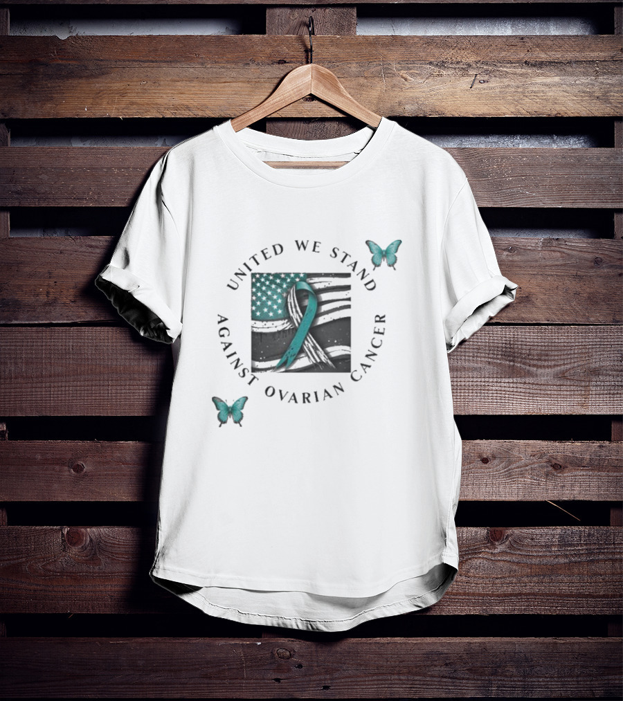 United We Stand Against Ovarian Cancer Ribbon American Flag Butterfly T-Shirt