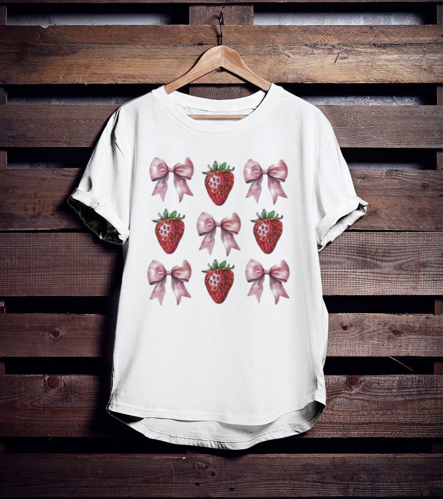Women’s Summer Strawberries With Pink Bows Coquette T-Shirt