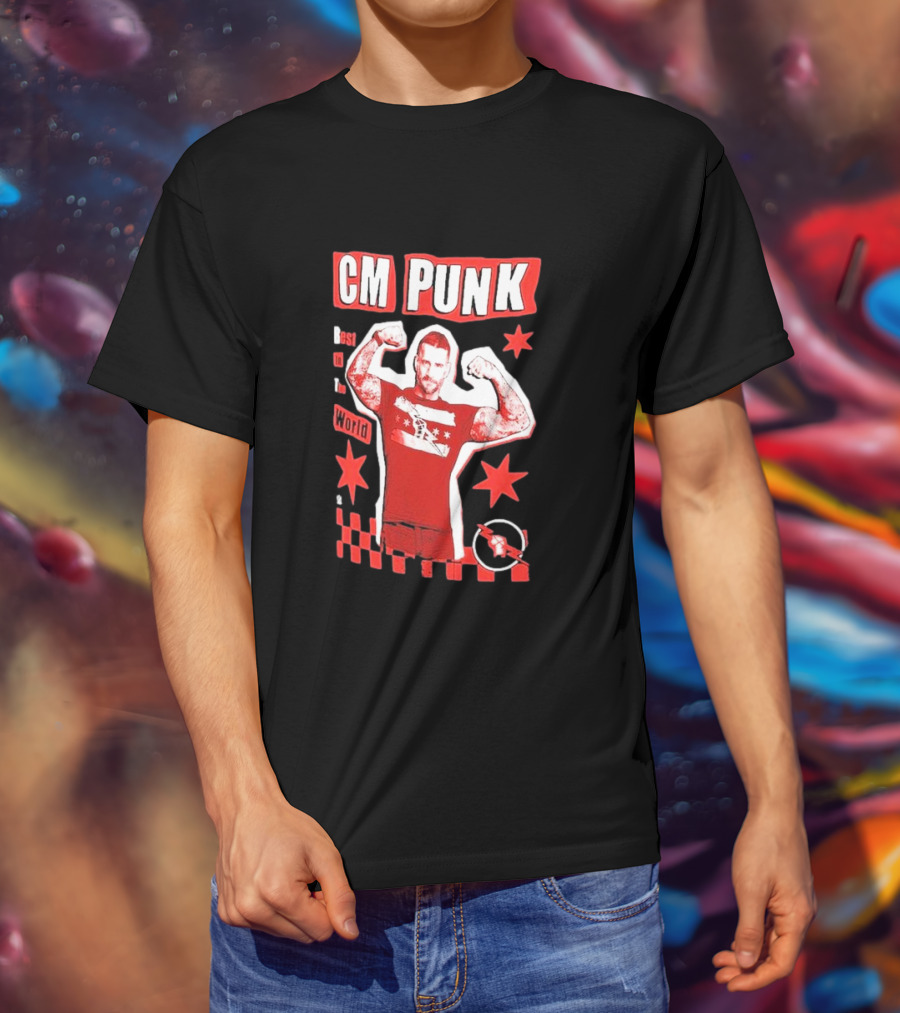 CM Punk Best In The World Star Power Flex Pose Red Stars Checker T-Shirt