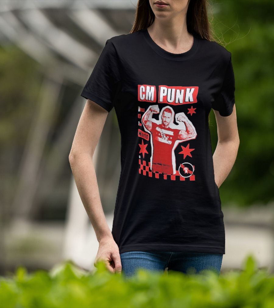CM Punk Best In The World Star Power Flex Pose Red Stars Checker T-Shirt
