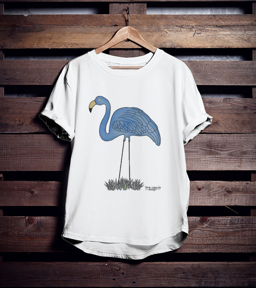 Time Capsule Design Blue Flamingo On Black Grass Background T-Shirt
