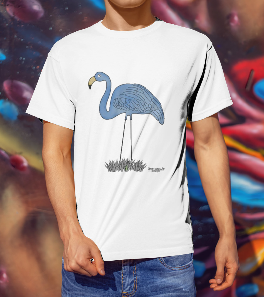 Time Capsule Design Blue Flamingo On Black Grass Background T-Shirt