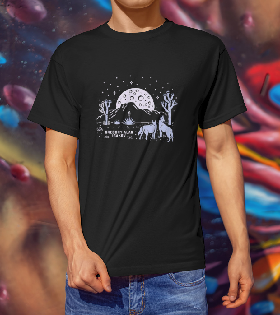 Gregory Alan Isakov Full Moon In Joshua Tree Desert Night With Horses And Cacti T-Shirt