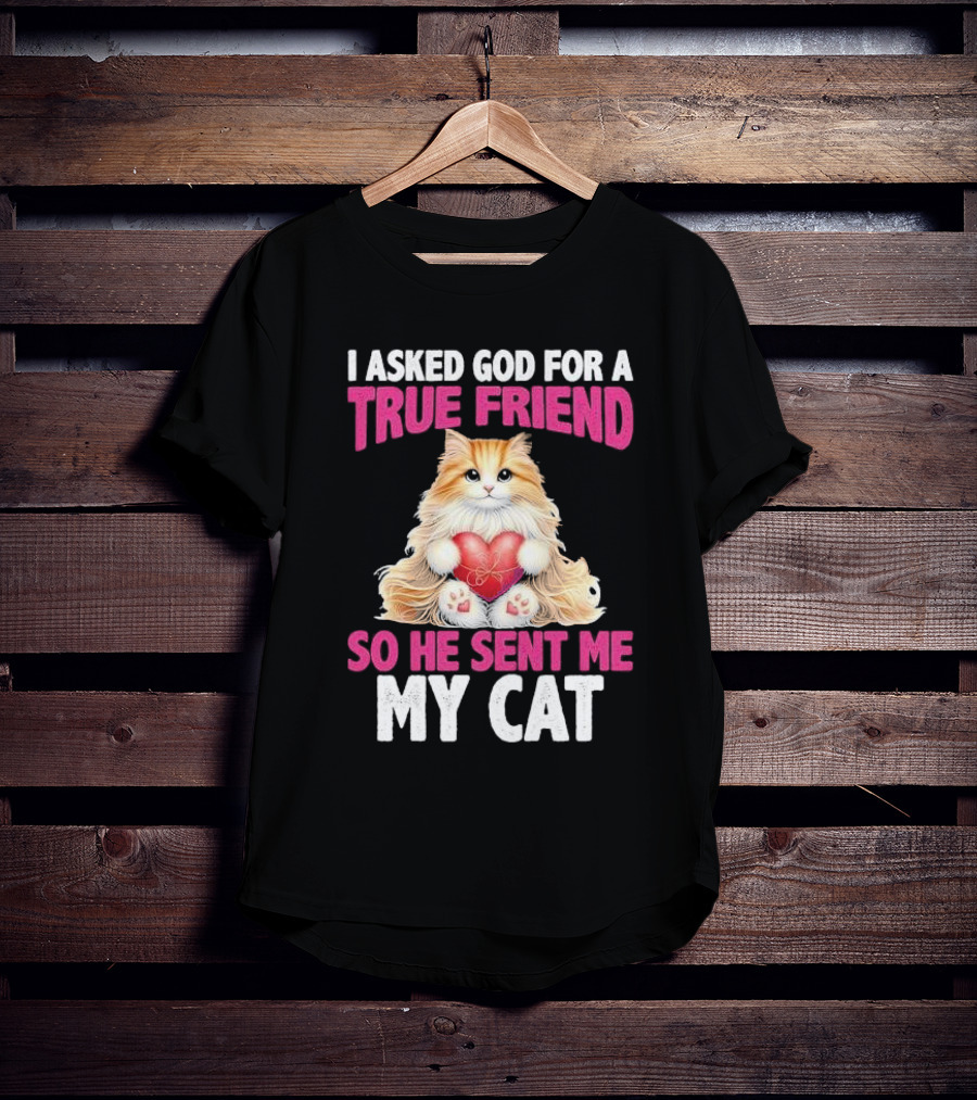 I Asked God For A True Friend So He Sent Me My Cat Fluffy Cat With Heart T-Shirt