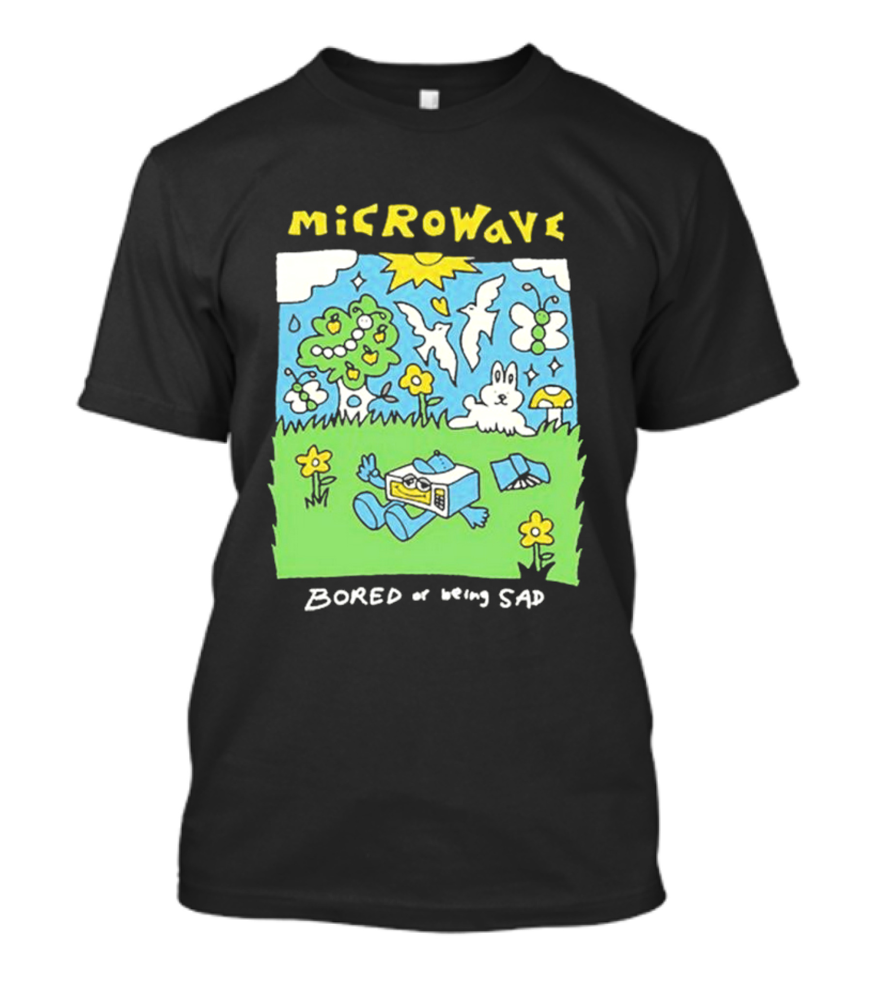 Microwave Bored Of Being Sad Colorful Cartoon Landscape With Sun And Bunny T-Shirt